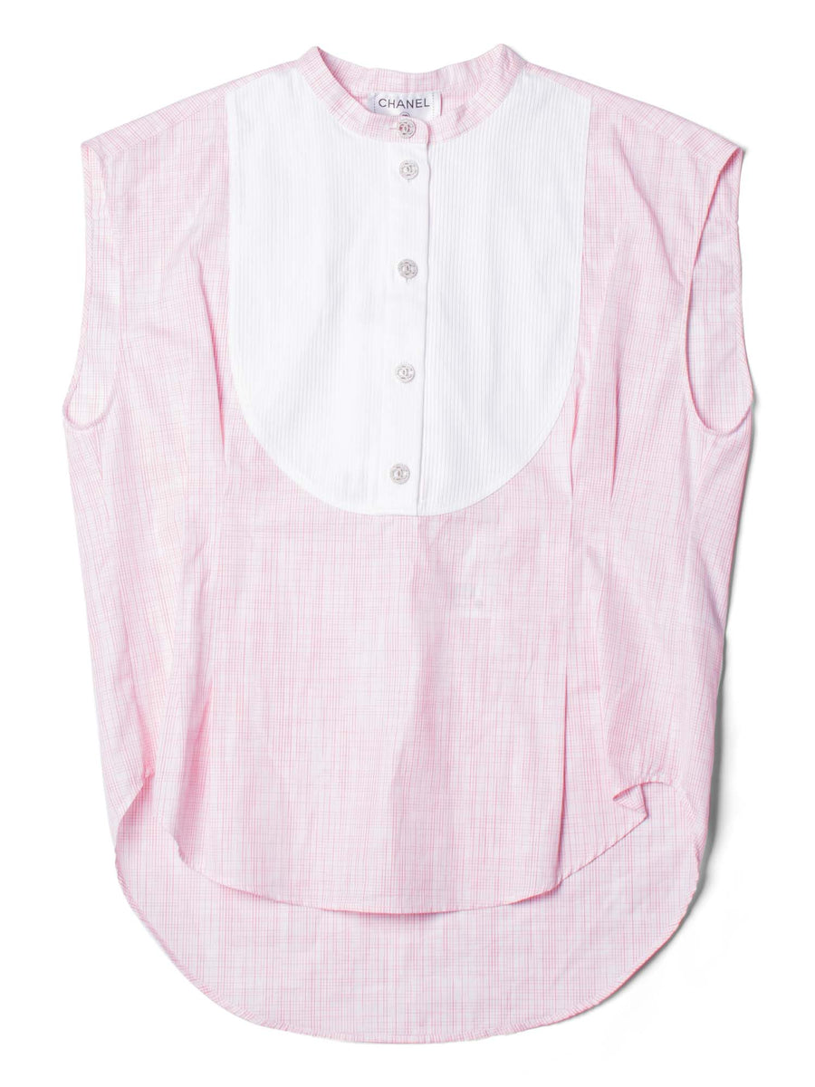 CHANEL Cotton CC Logo Swarovski Buttons Sleeveless Top Red White