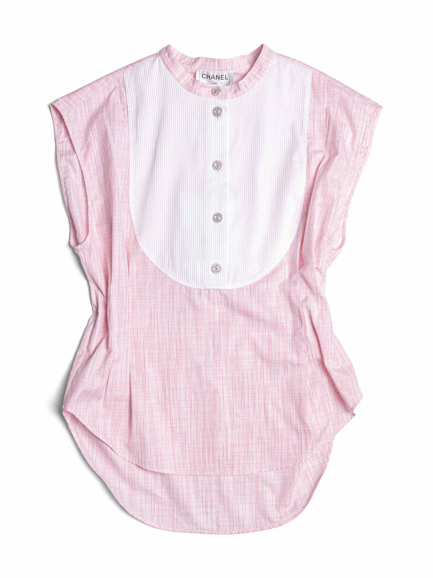 CHANEL Cotton CC Logo Swarovski Buttons Sleeveless Top Red White-designer resale