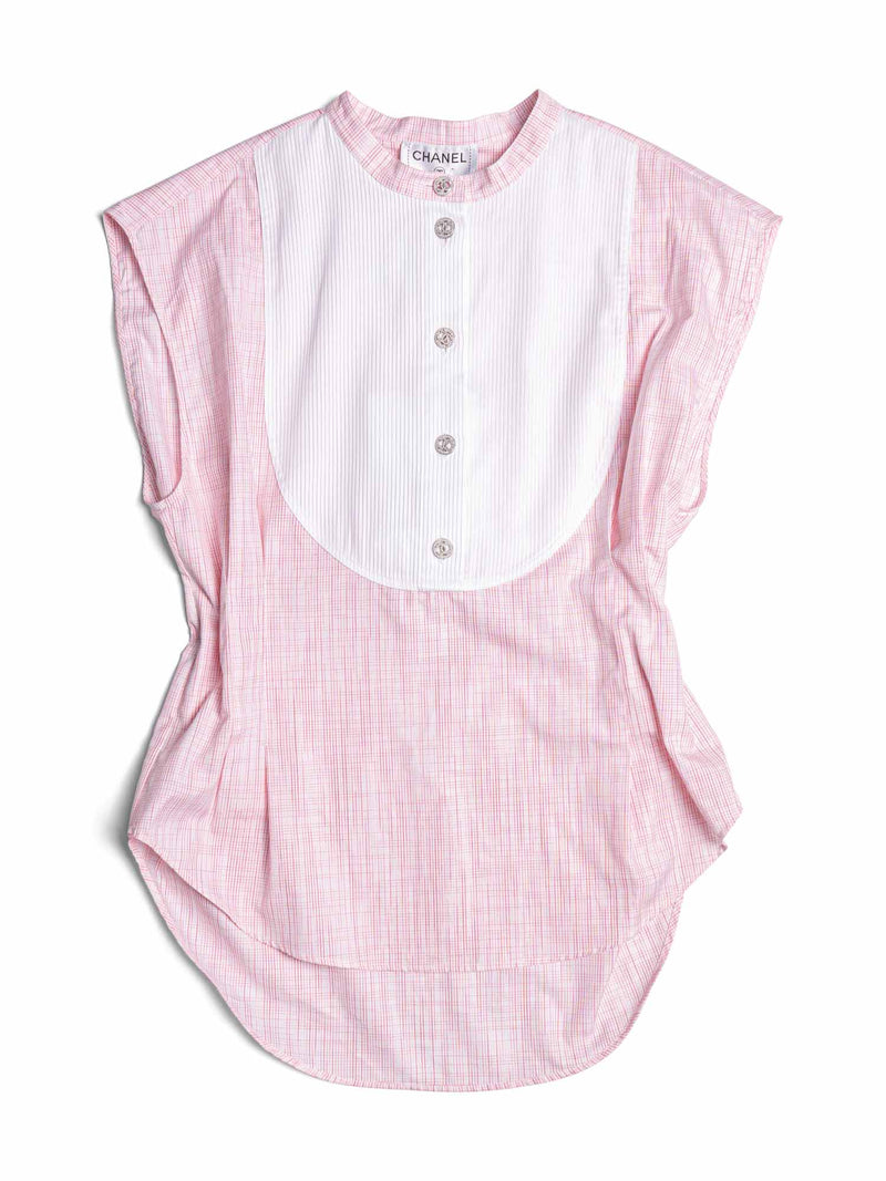 CHANEL Cotton CC Logo Swarovski Buttons Sleeveless Top Red White-designer resale