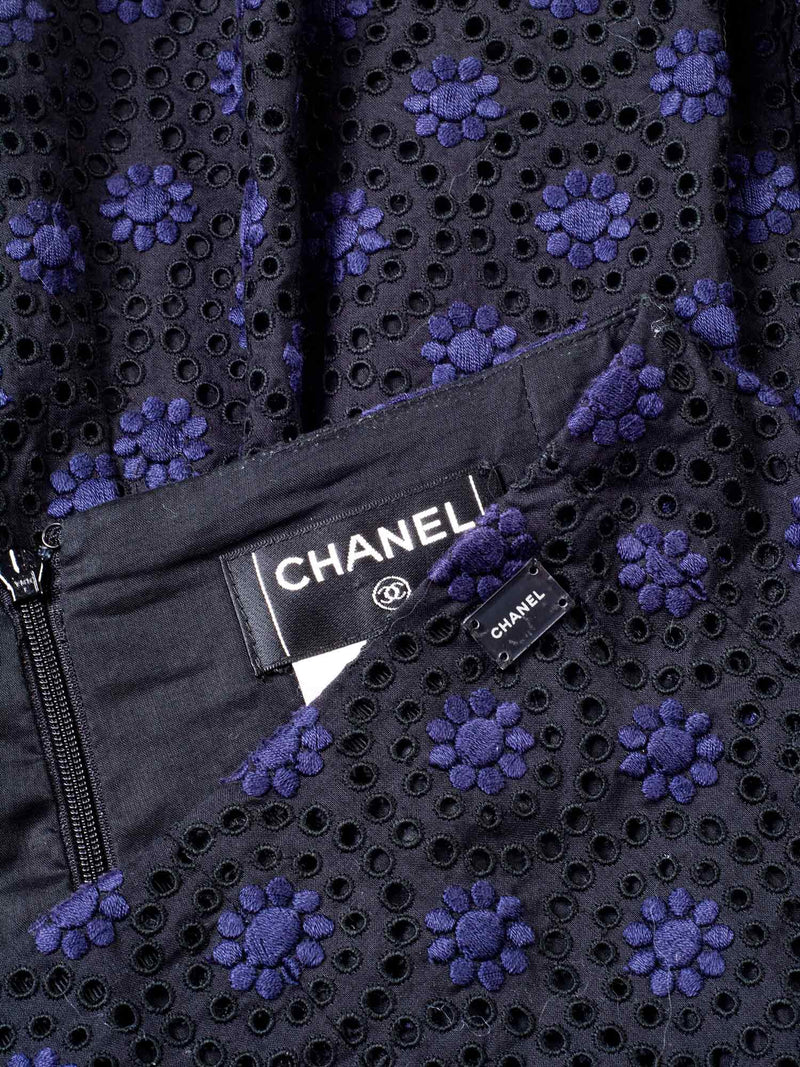 CHANEL Cotton Eyelet A-Line Skirt Black Blue-designer resale