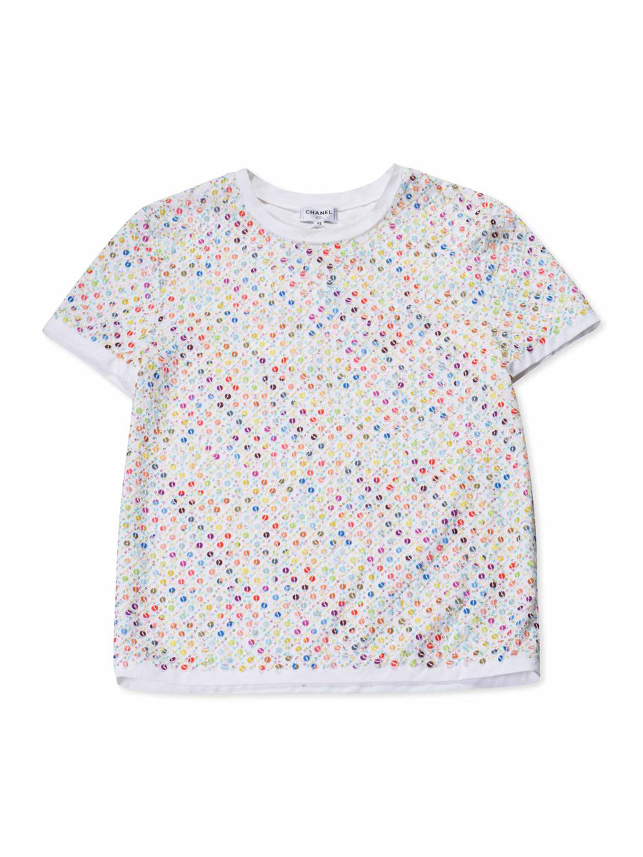 CHANEL Cotton Sequin CC Logo Top White