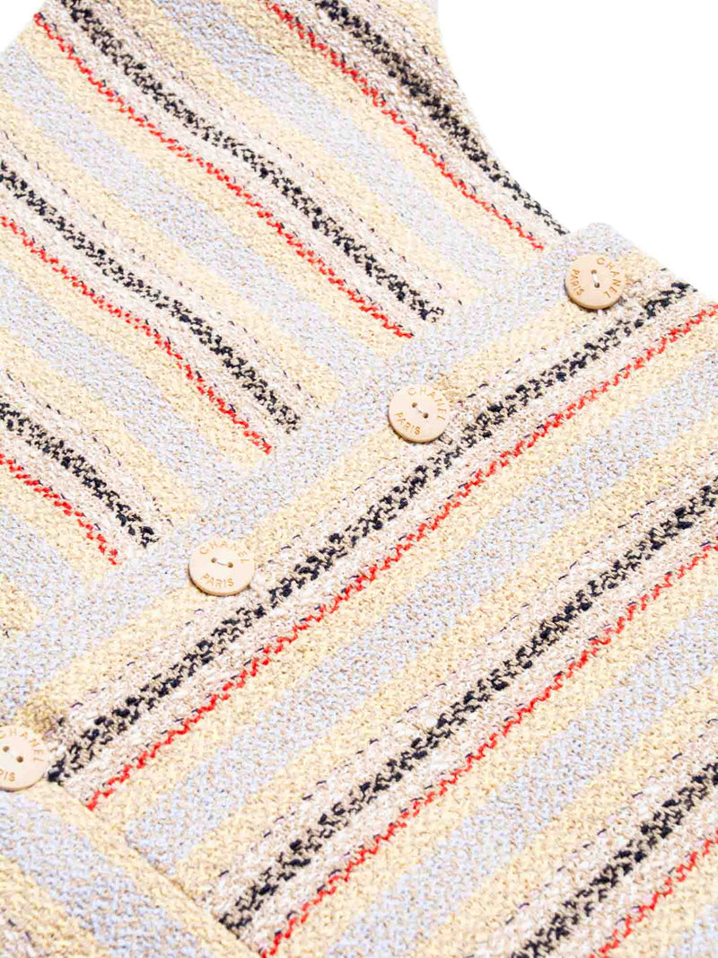 CHANEL Cruise CC Logo Wooden Buttons Tweed Fringy Top Beige-designer resale