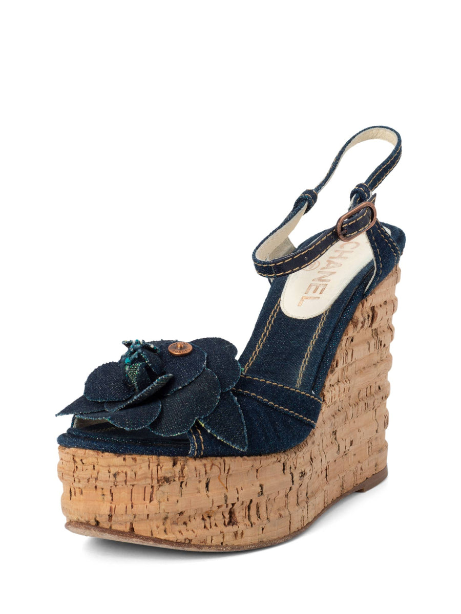 靴 Vintage Chanel Denim Camellia Sandals 38 CHANEL Denim Sandal Slide Camellia Embroidered Open Toe
