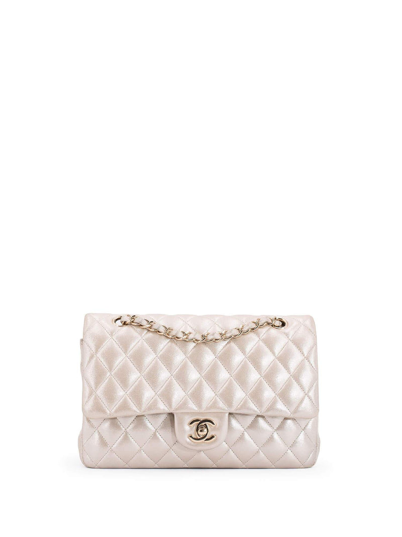 CHANEL Iridescent Satin Lambskin Quilted Medium Double Flap Bag Gold-designer resale