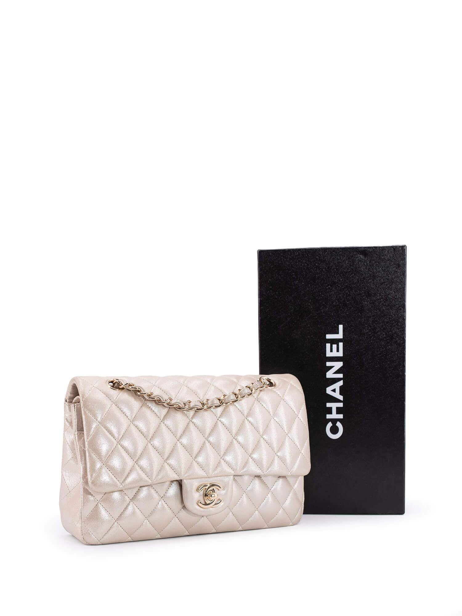 CHANEL Iridescent Satin Lambskin Quilted Medium Double Flap Bag Gold-designer resale
