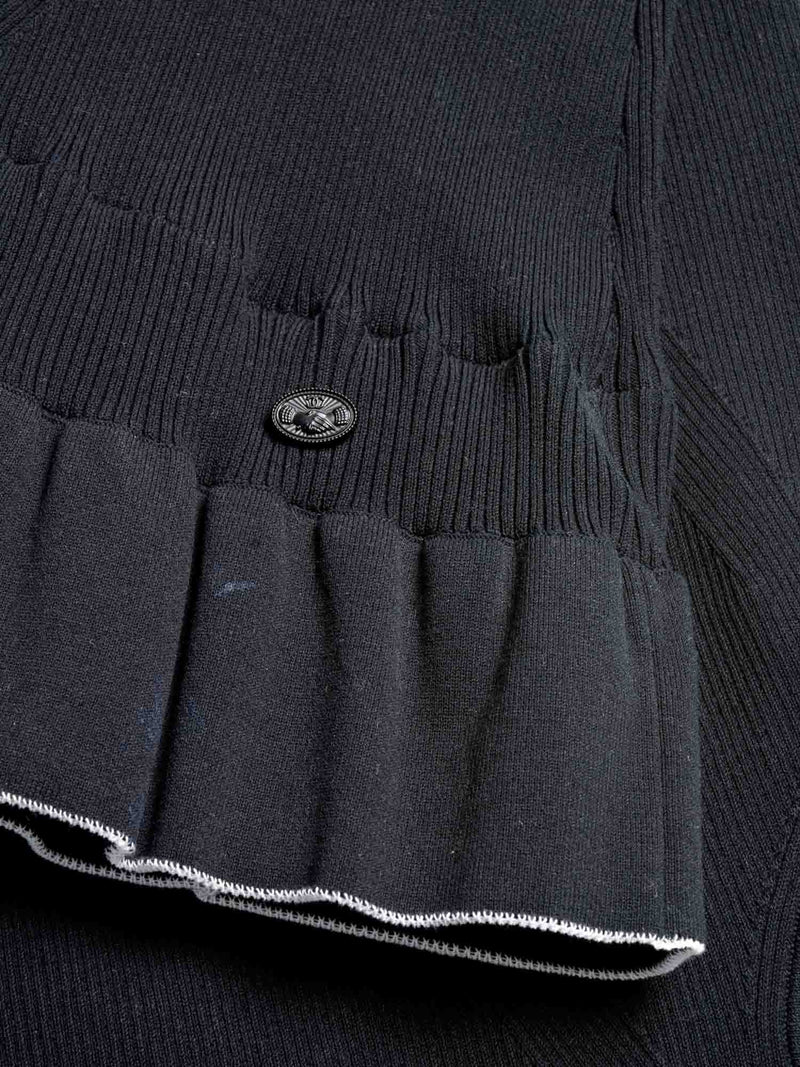 CHANEL Knitted CC Logo Ruffled Mini Dress Navy Blue-designer resale