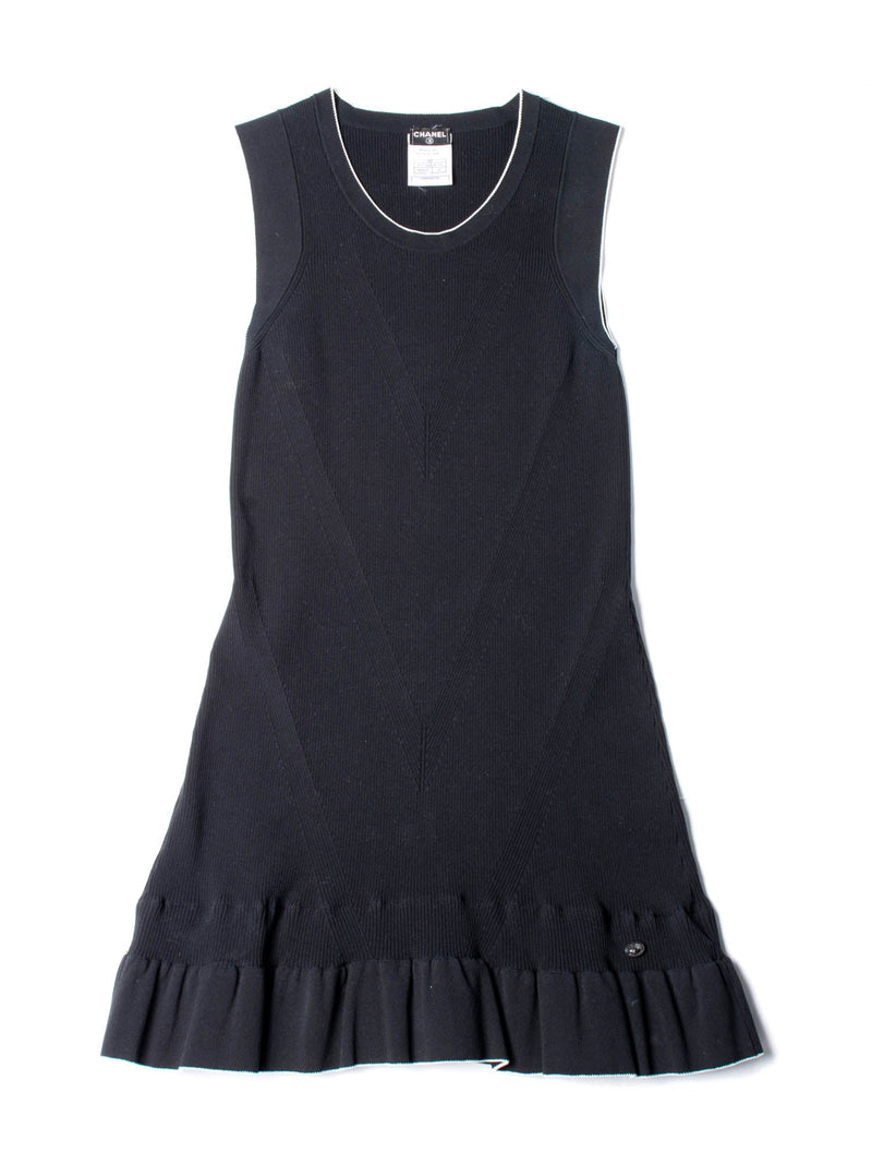 CHANEL Knitted CC Logo Ruffled Mini Dress Navy Blue-designer resale