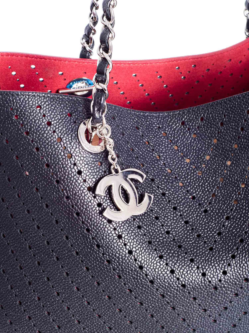 CHANEL Perforated Caviar Leather CC Logo Shopper with Clutch Black Burgundy-designer resale
