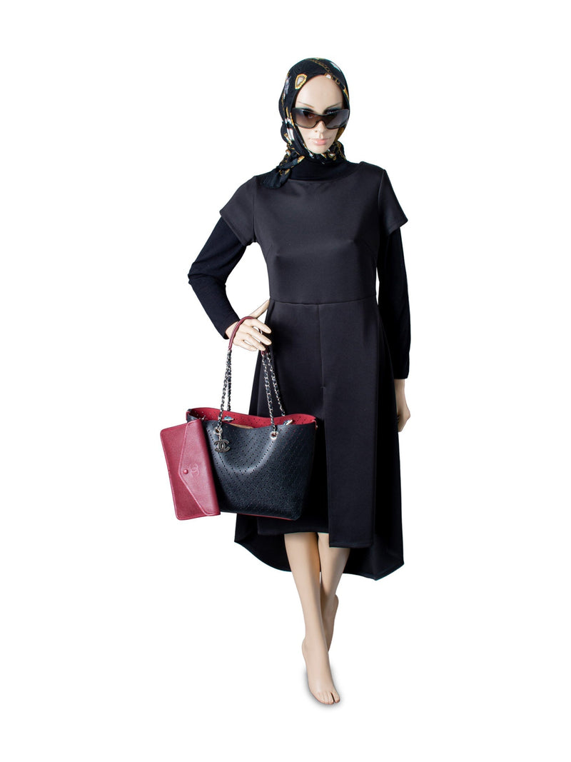 CHANEL Perforated Caviar Leather CC Logo Shopper with Clutch Black Burgundy-designer resale