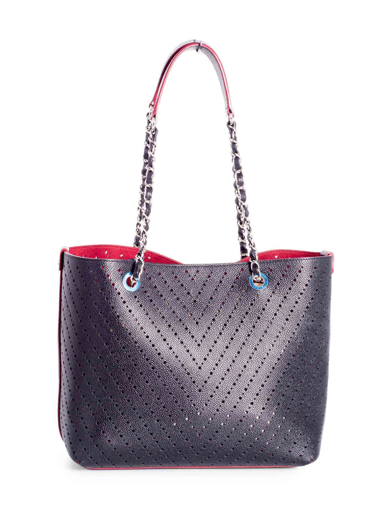 CHANEL Perforated Caviar Leather CC Logo Shopper with Clutch Black Burgundy-designer resale