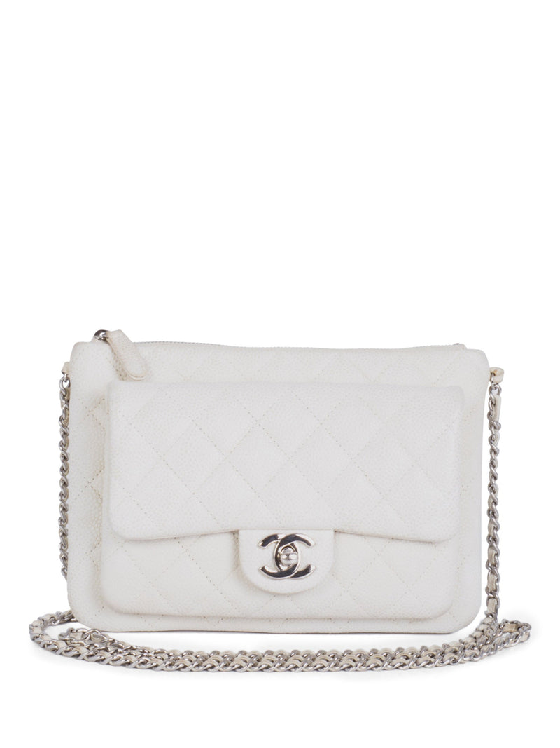 CHANEL Quilted Caviar Leather CC Logo Flap Messenger Bag White Silver-designer resale