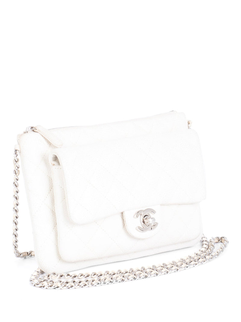 CHANEL Quilted Caviar Leather CC Logo Flap Messenger Bag White Silver-designer resale