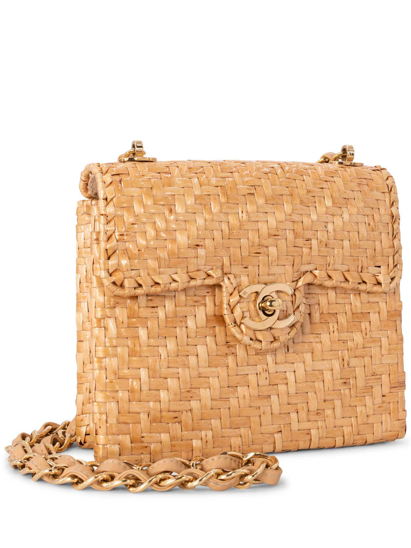 CHANEL Raffia Straw Woven Mini Square Bag Gold-designer resale