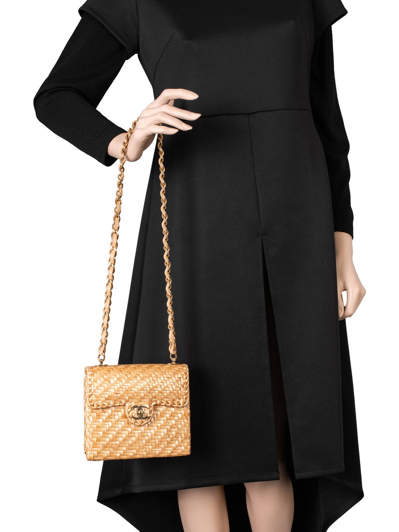 CHANEL Raffia Straw Woven Mini Square Bag Gold-designer resale