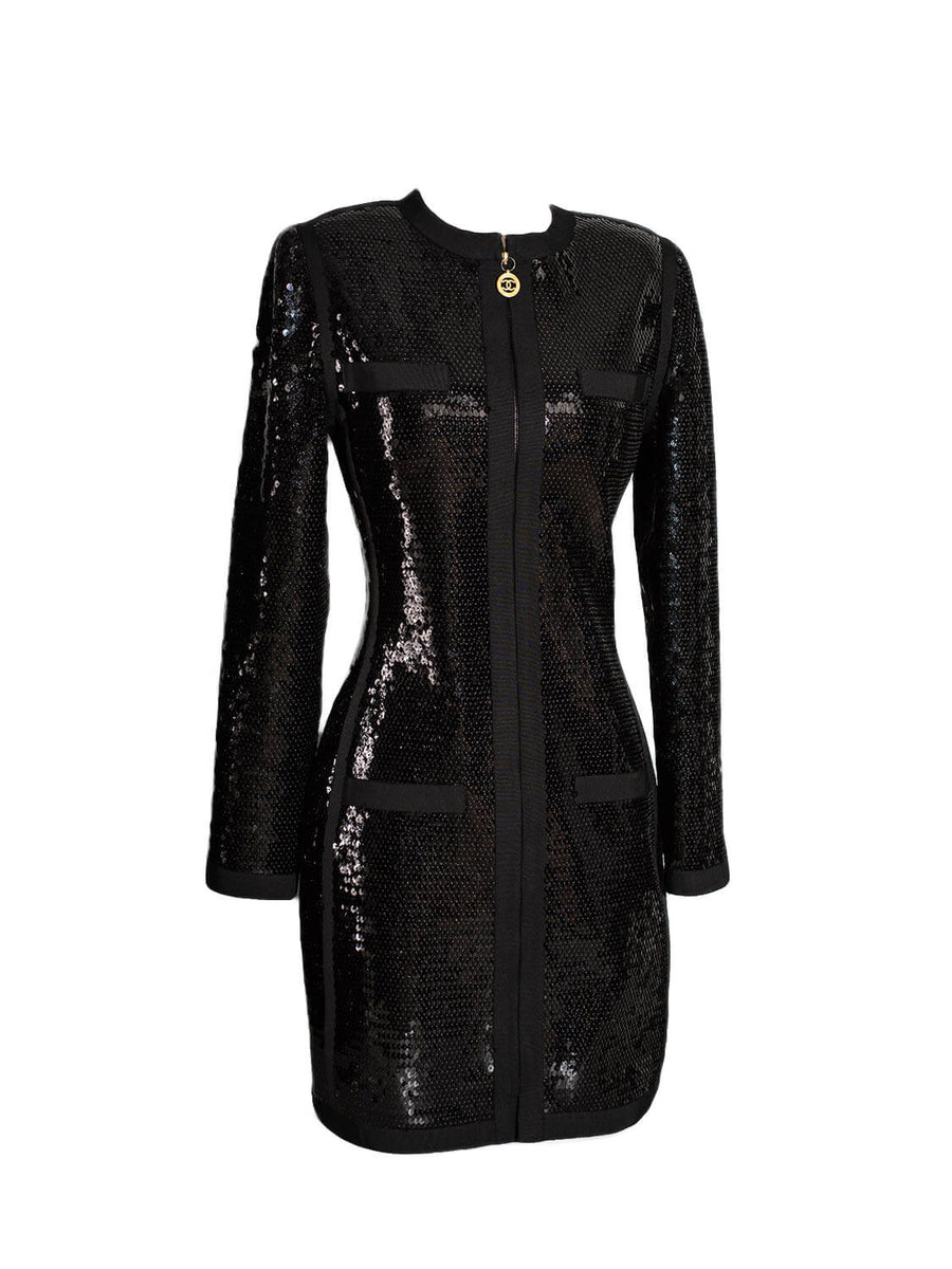 CHANEL Shiny Sequin Long Sleeve Mini Dress Black