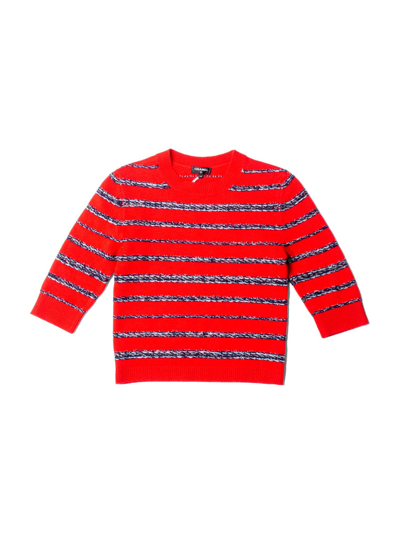 CHANEL Sparkly Fringe Cashmere Stripe Cropped Sweater Red-designer resale