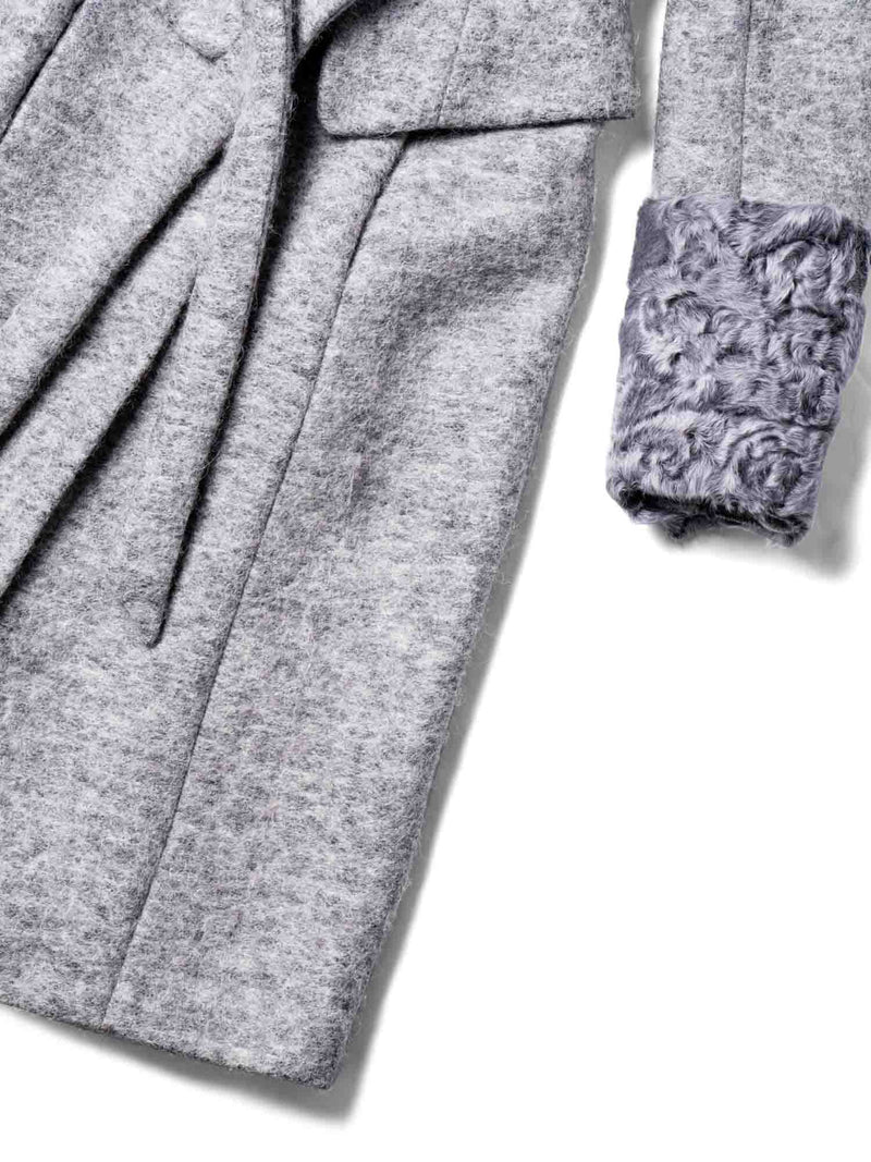 CODO Genuine Curly Lamb Felt Wool Belted Fitted Coat Grey-designer resale