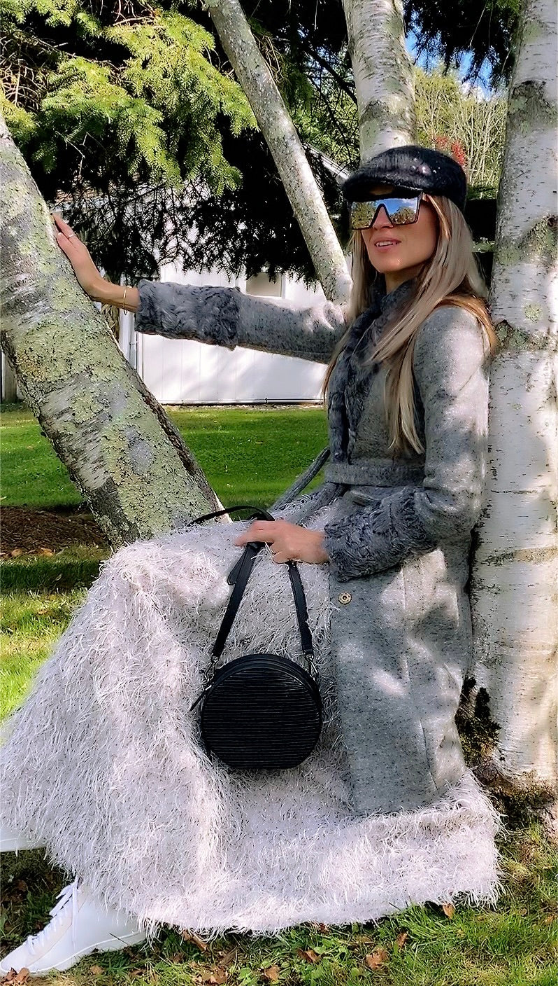 CODO Genuine Curly Lamb Felt Wool Belted Fitted Coat Grey-designer resale