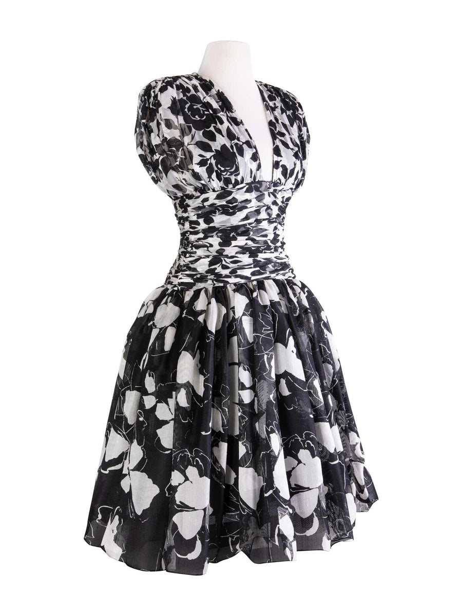 black and white floral dress Carolyne Roehm for Elizabeth Arden Floral A-line Dress Black White