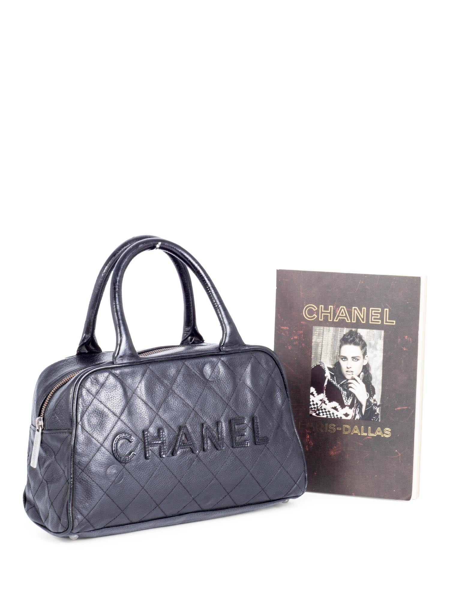 Chanel Quilted Caviar Mini Bowler Logo Bag Black-designer resale