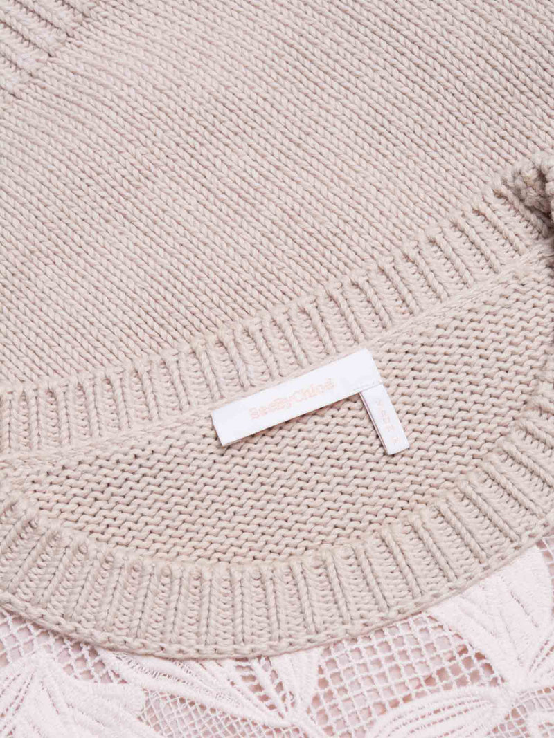 Chloe Cotton Lace Knit Sweater Taupe Pink-designer resale