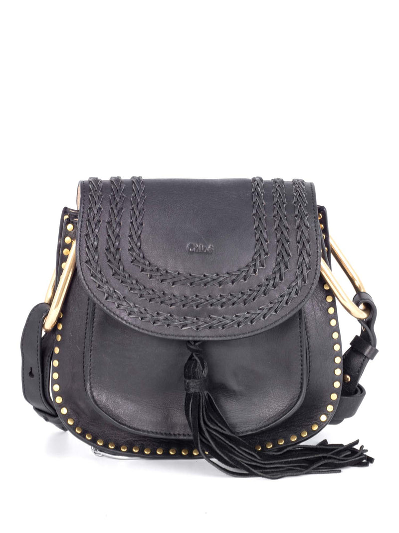 Chloe Leather Tassel Studded Hudson Cross Body Bag Black-designer resale