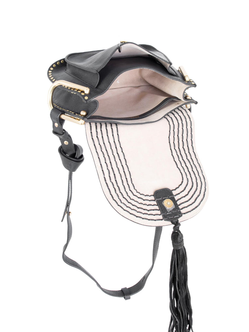 Chloe Leather Tassel Studded Hudson Cross Body Bag Black-designer resale