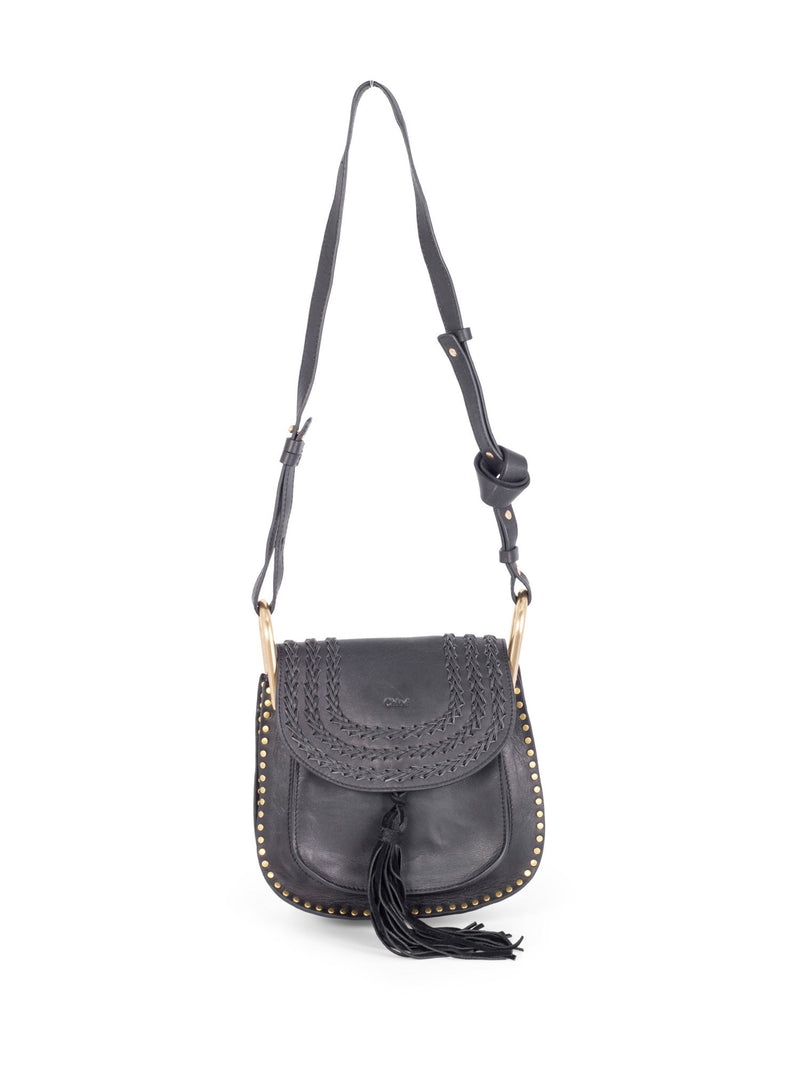 Chloe Leather Tassel Studded Hudson Cross Body Bag Black-designer resale