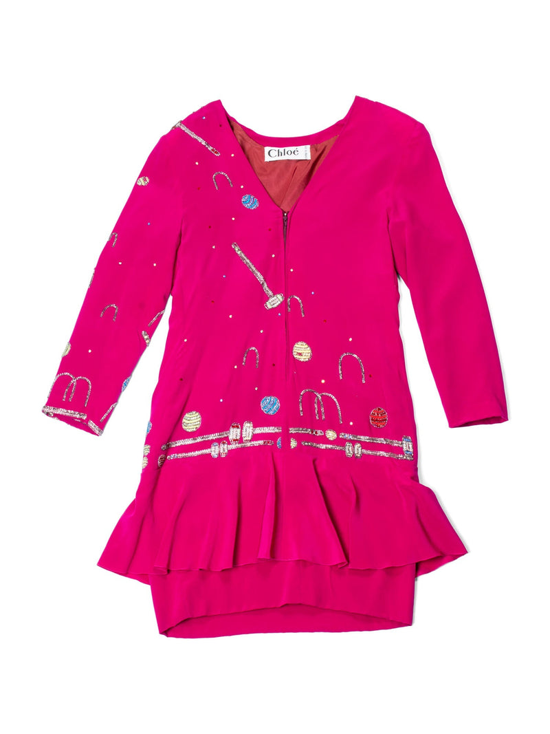 Chloe Vintage Silk Beaded Croquet Mini Dress Hot Pink-designer resale