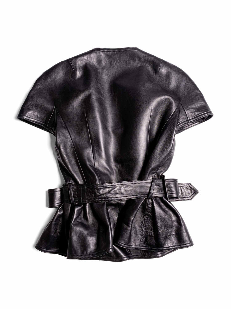 Christian Dior Lambskin Leather Peplum Belted Short Sleeve Jacket Black-designer resale