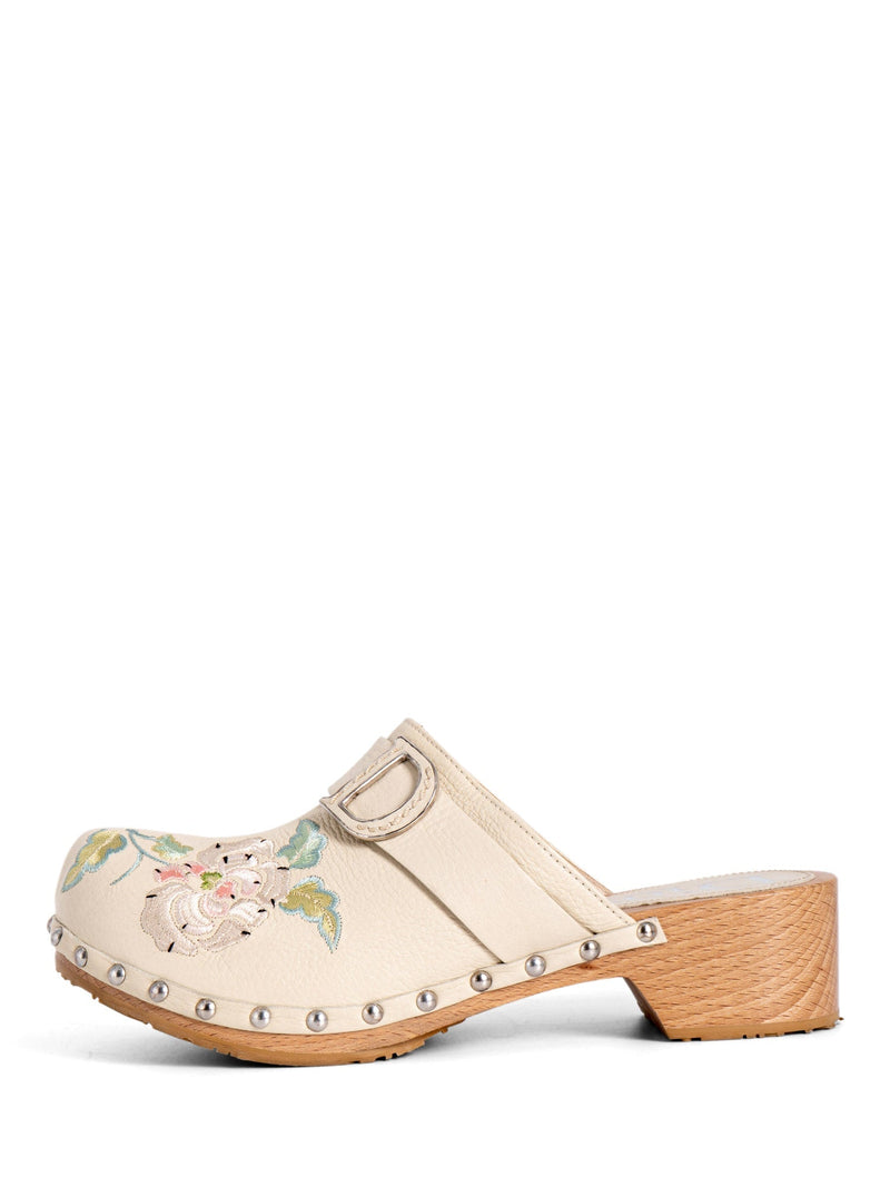 Christian Dior Logo Leather Floral Clog Slip On Shoes Beige-designer resale