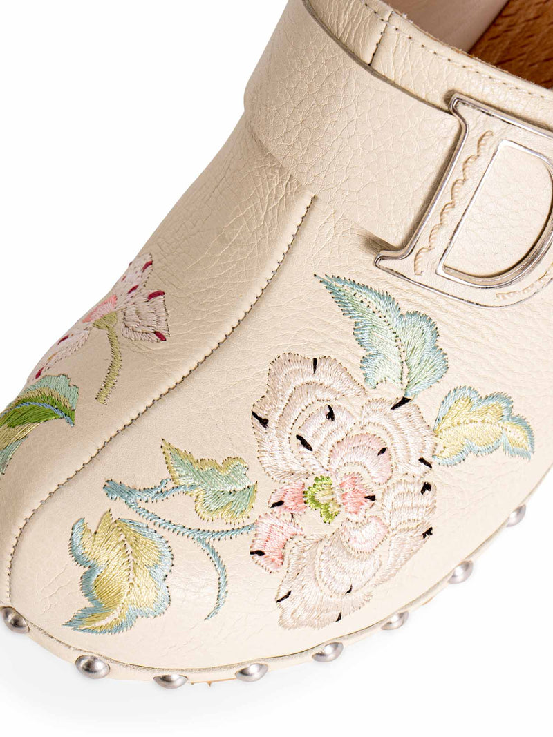 Christian Dior Logo Leather Floral Clog Slip On Shoes Beige-designer resale