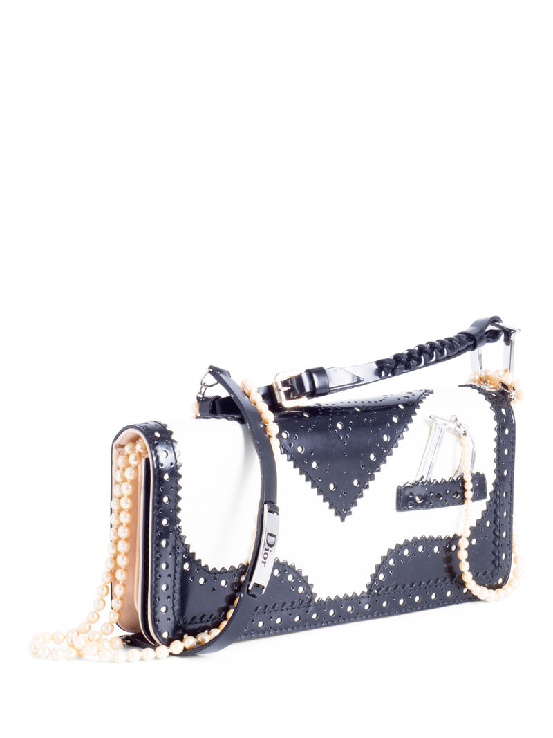 Christian Dior Patent Leather D Trick Pearl Flap Bag Black White-designer resale