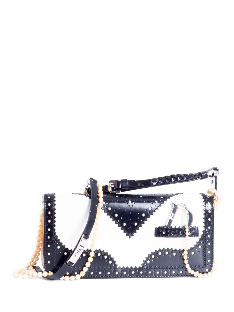 Christian Dior Patent Leather D Trick Pearl Flap Bag Black White-designer resale