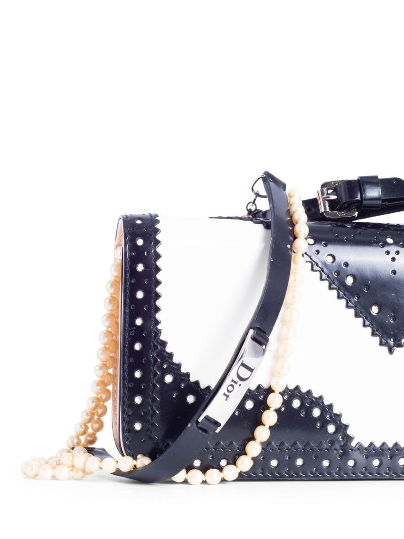 Christian Dior Patent Leather D Trick Pearl Flap Bag Black White-designer resale