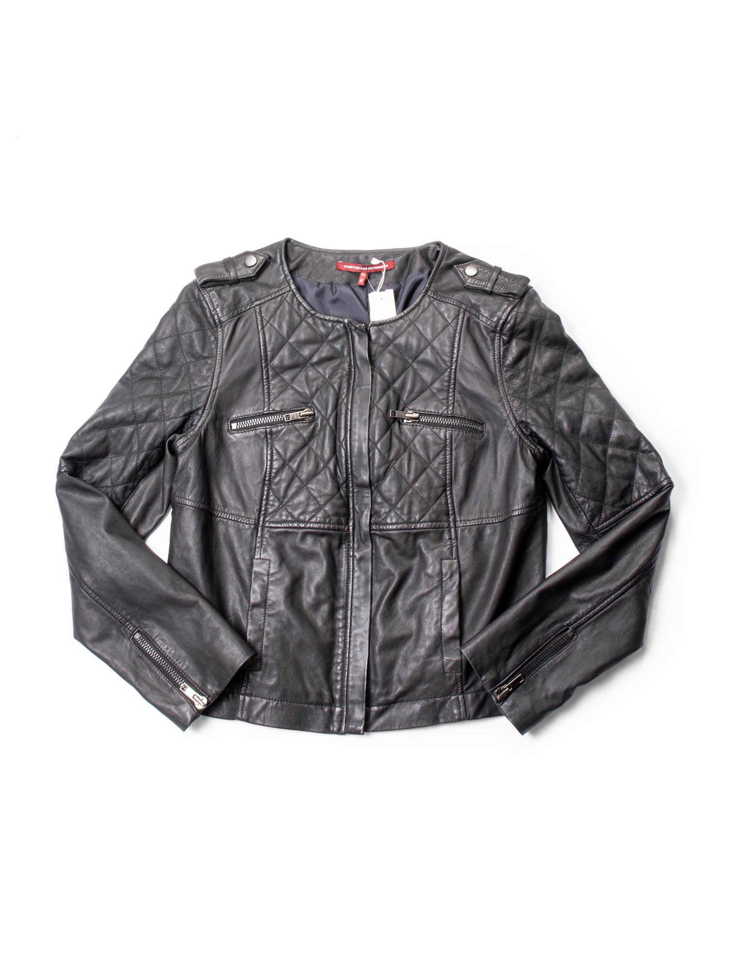 Comptoir Des Cotonniers Quilted Leather Biker Jacket Black-designer resale