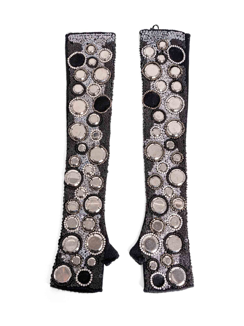 Dolce & Gabanna Runway Cashmere Beaded Studded Fingerless Gloves Black-designer resale