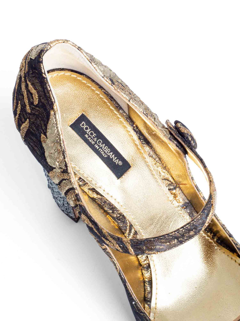 Dolce & Gabbana Brocade Rhinestone Mary Jane Block Heels Gold-designer resale