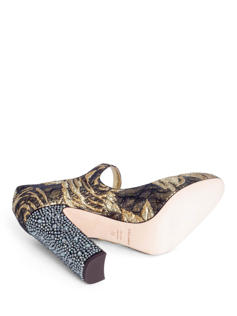 Dolce & Gabbana Brocade Rhinestone Mary Jane Block Heels Gold-designer resale