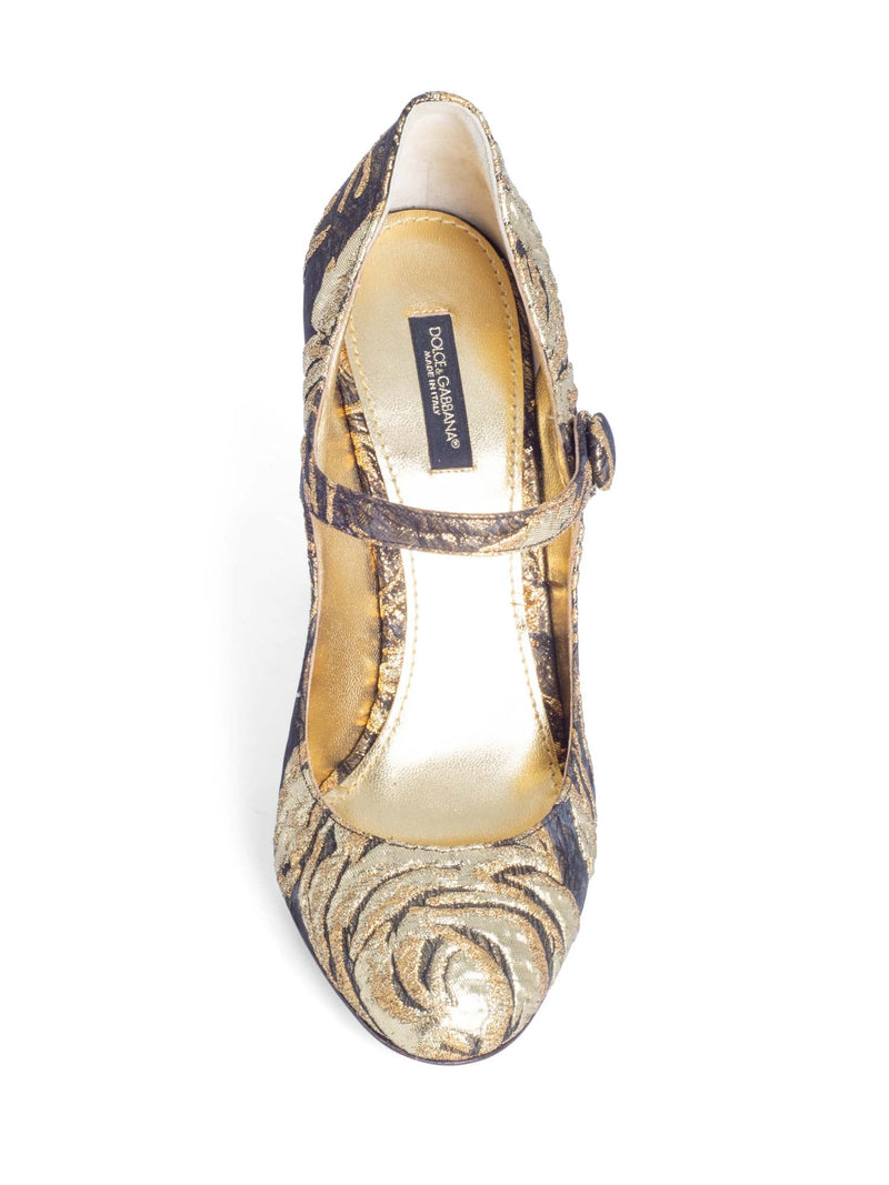 Dolce & Gabbana Brocade Rhinestone Mary Jane Block Heels Gold-designer resale