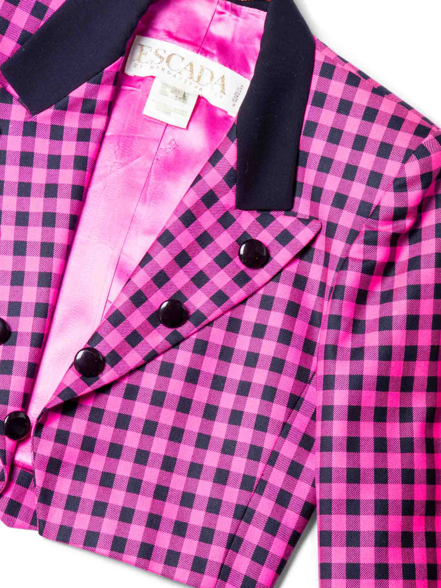 Escada Vintage Wool Plaid Cropped Jacket Pink Black