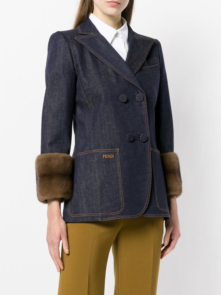 Fendi Mink Cuffs Denim Fitted Jacket Blue