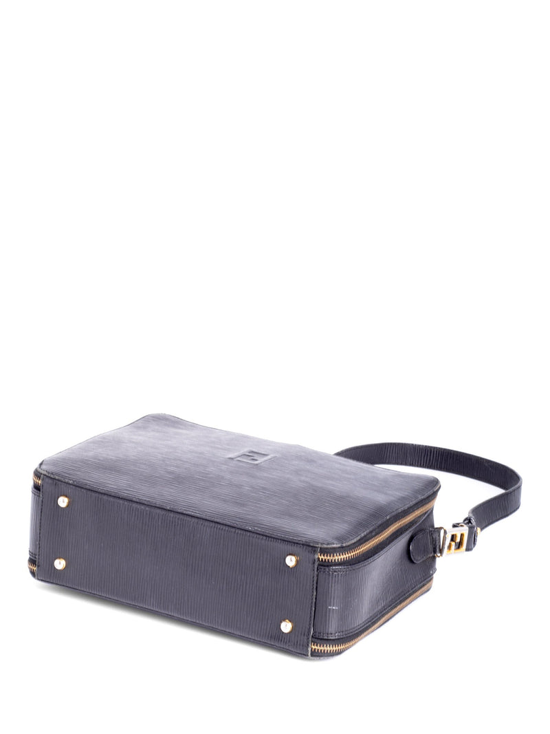 Fendi Vintage Leather Zucca Zip Around Messenger Bag Black-designer resale