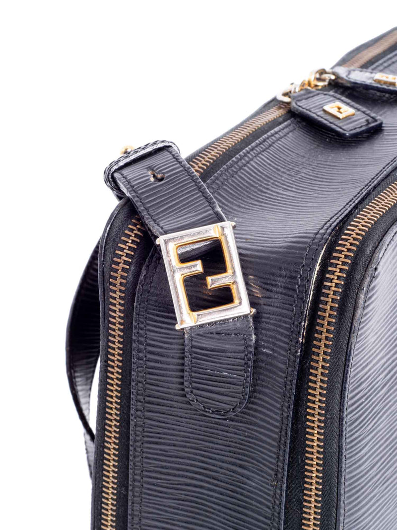 Fendi Vintage Leather Zucca Zip Around Messenger Bag Black-designer resale