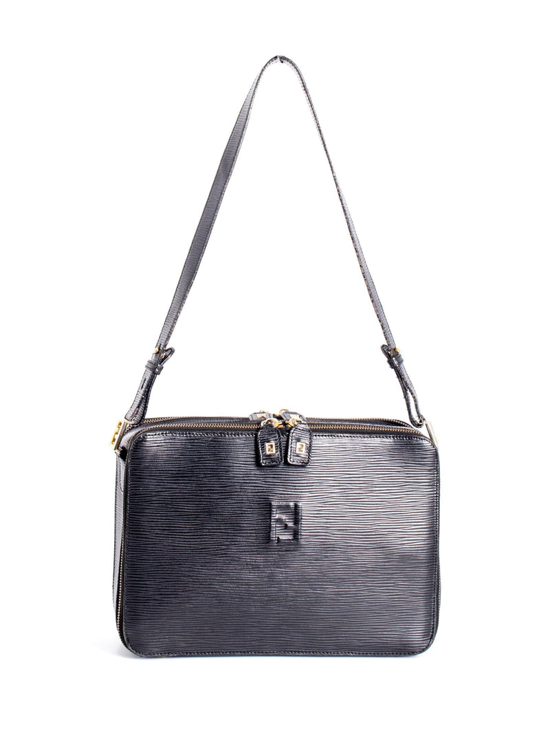 Fendi Vintage Leather Zucca Zip Around Messenger Bag Black-designer resale