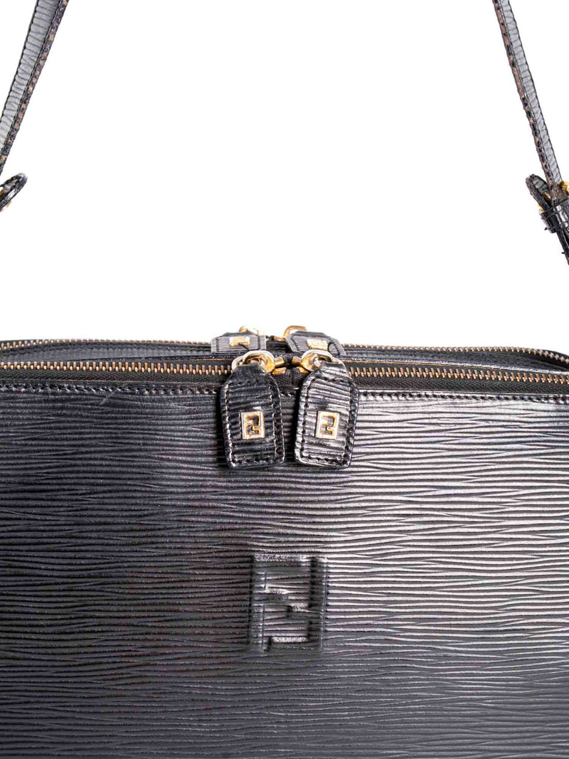 Fendi Vintage Leather Zucca Zip Around Messenger Bag Black-designer resale