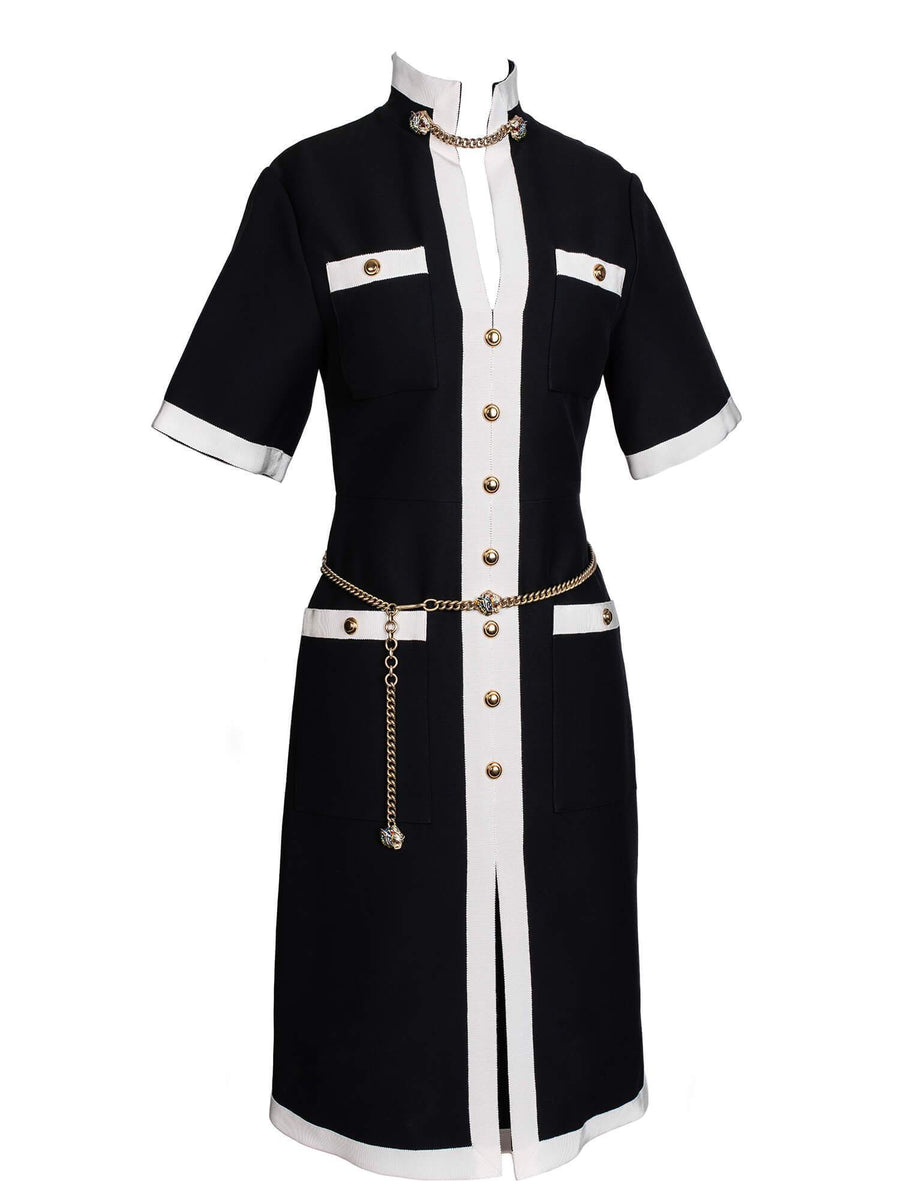 Gucci Contrast Trim Button Down Fitted Dress Black White Gucci Contrast Trim Button Down Fitted Dress Black White