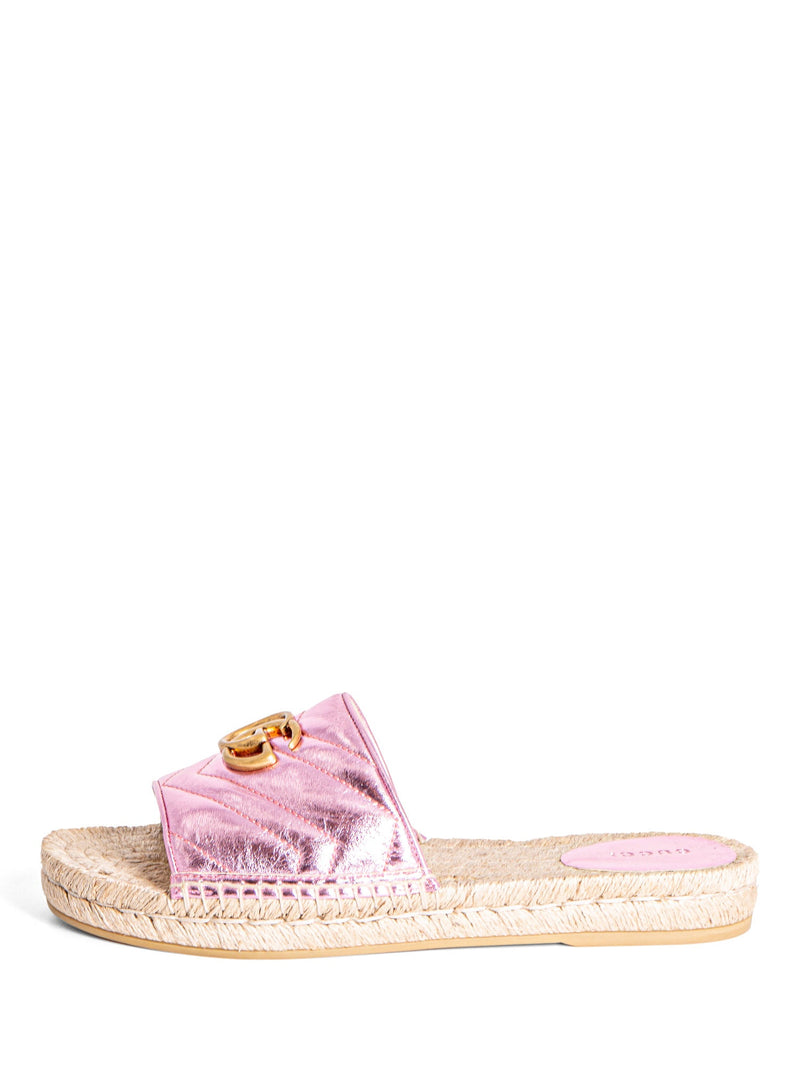 Gucci GG Marmont Metallic Leather Chevron Raffia Slides Pink-designer resale