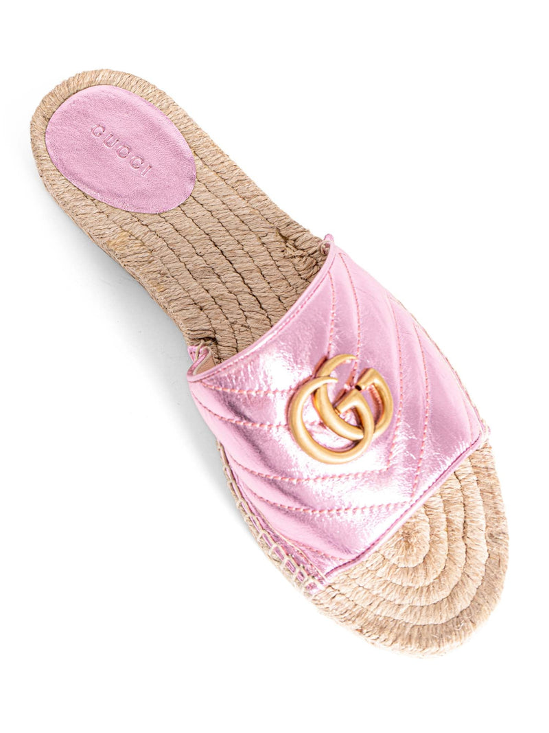 Gucci GG Marmont Metallic Leather Chevron Raffia Slides Pink-designer resale