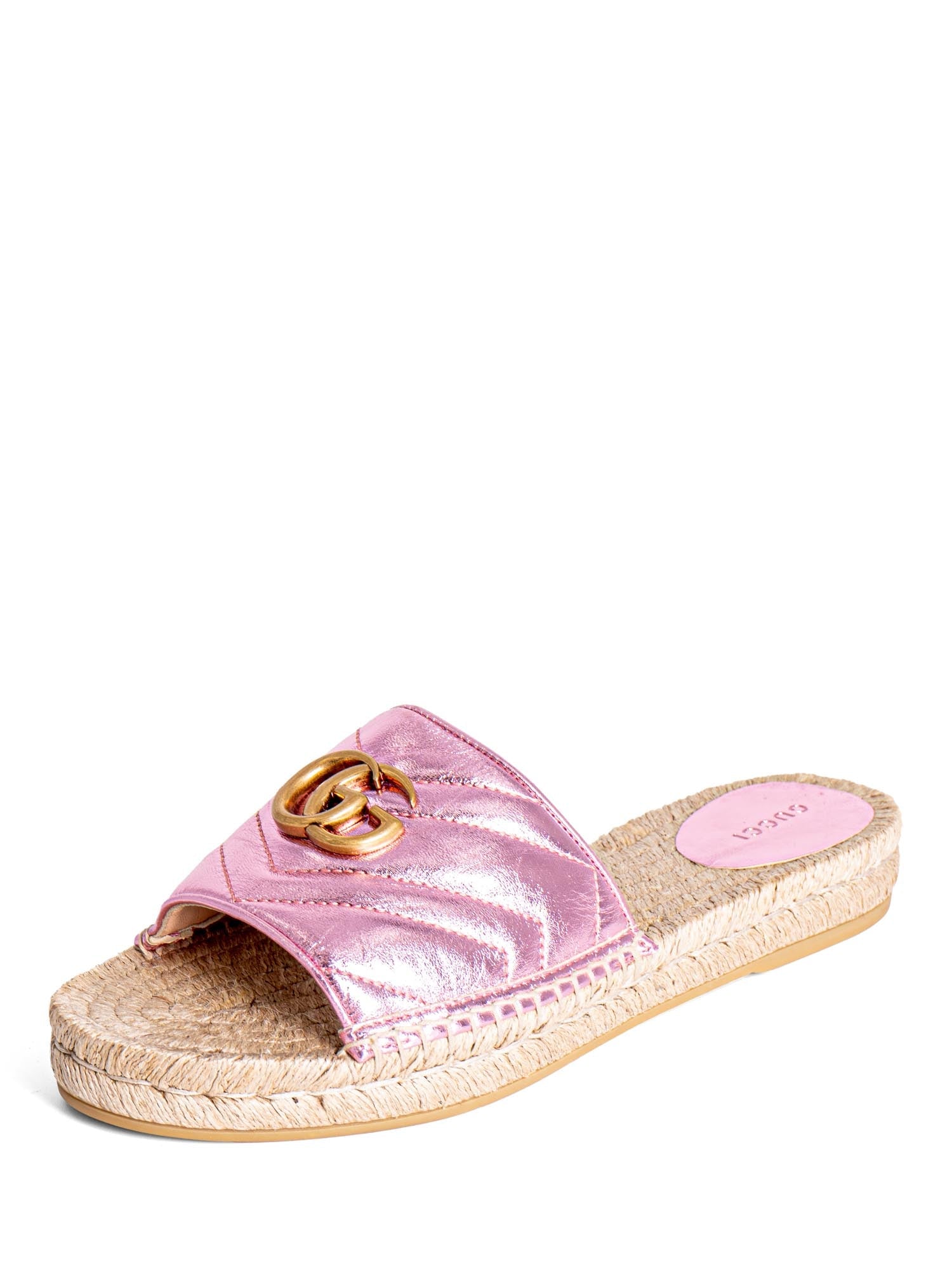 Gucci GG Marmont Metallic Leather Chevron Raffia Slides Pink-designer resale